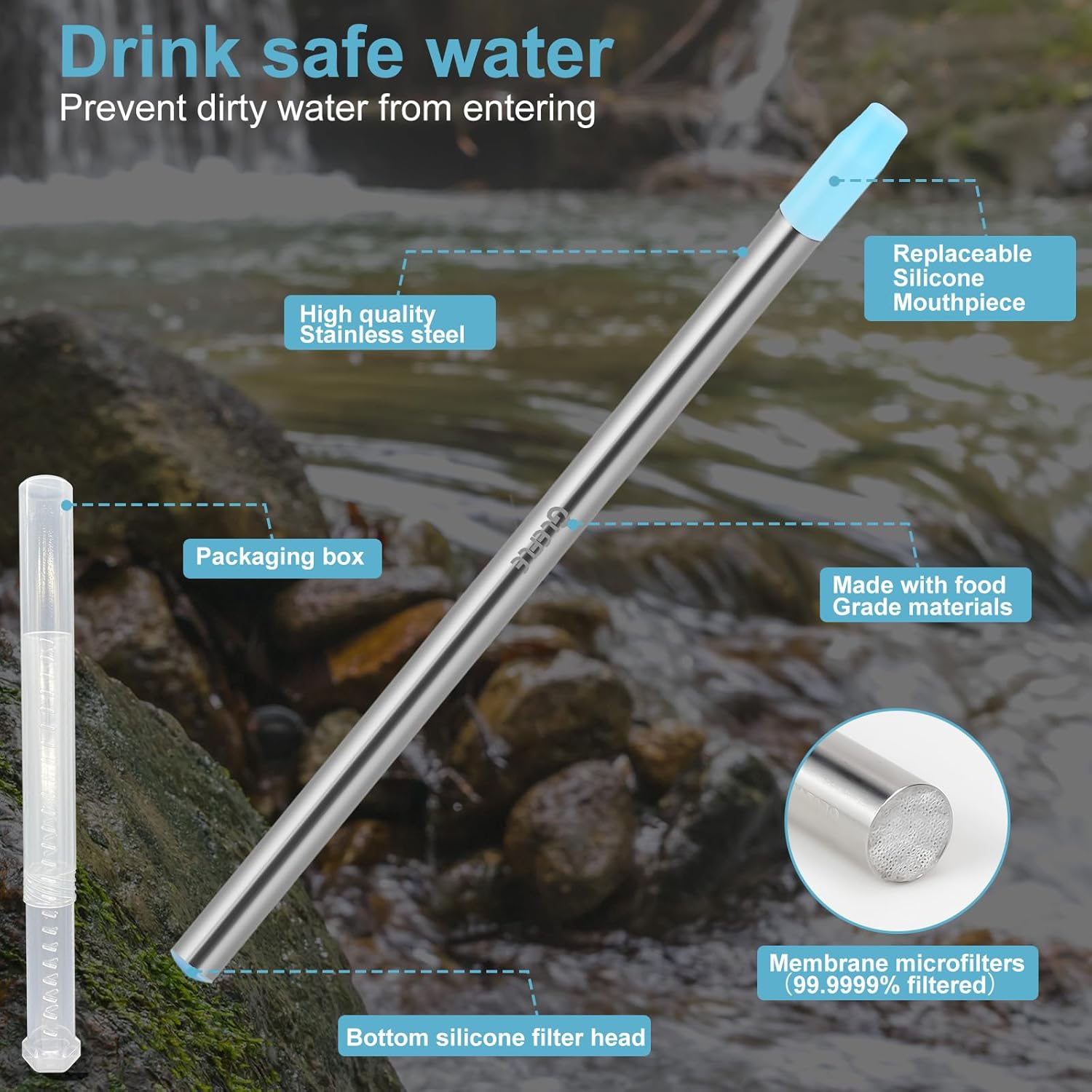 Personal Water Filter Straw, Reusable Stainless Steel Water Filter Drinking Straw Portable Outdoor Emergency Survival Gear for Hiking, Camping, Travel, Hunting & Fishing (Large)