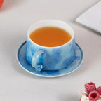 KAMMAK Tea Cups and Saucers set of 2, Porcelain Coffee Cups, 7.5oz Crystalline Glaze Espresso Mugs, Ceramic Demitasse for Coffee, Cappuccino, Latte, Americano, Tea (Dark Blue and White Blue)