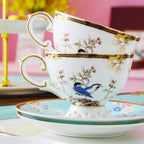 ACMLIFE Bone China Tea Cup and Saucer Set - Bone China Tea Coffee Cup and Saucer Set for 1 Luxury Fine China Tea Cup Set for One Blue Vintage Teacups and Saucers for Women Tea Party or Gift Giving