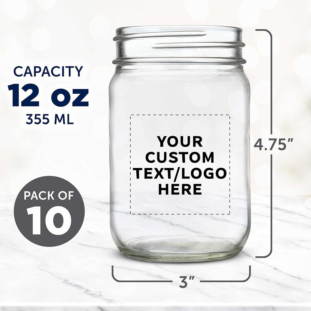 DISCOUNT PROMOS Custom Decorating Mason Jars 12 oz. Set of 10, Personalized Bulk Pack - Glass Jars for Overnight Oats, Candies, Fruits, Pickles, Spices, Beverages - Clear