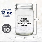 DISCOUNT PROMOS Custom Decorating Mason Jars 12 oz. Set of 10, Personalized Bulk Pack - Glass Jars for Overnight Oats, Candies, Fruits, Pickles, Spices, Beverages - Clear