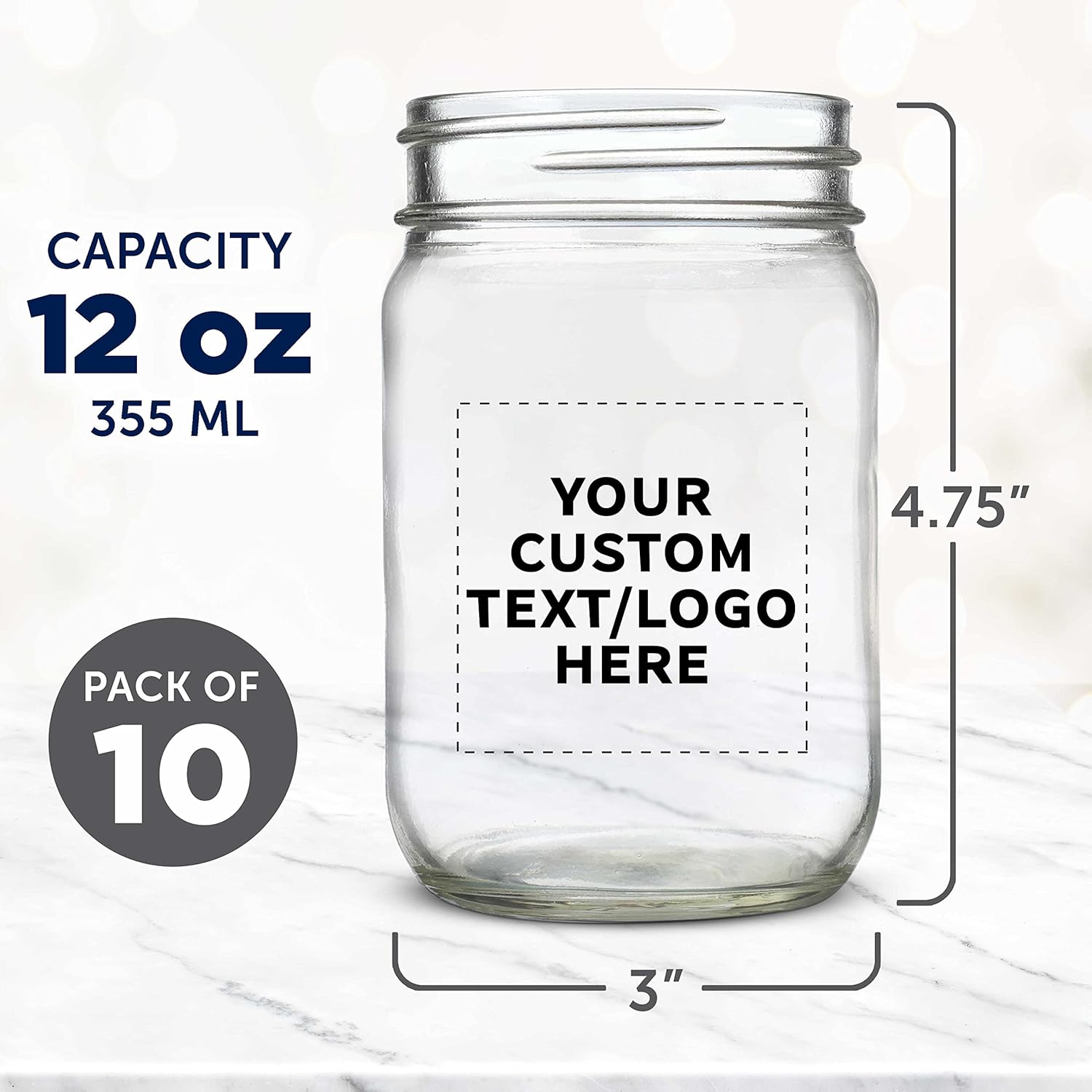 DISCOUNT PROMOS Custom Decorating Mason Jars 12 oz. Set of 10, Personalized Bulk Pack - Glass Jars for Overnight Oats, Candies, Fruits, Pickles, Spices, Beverages - Clear