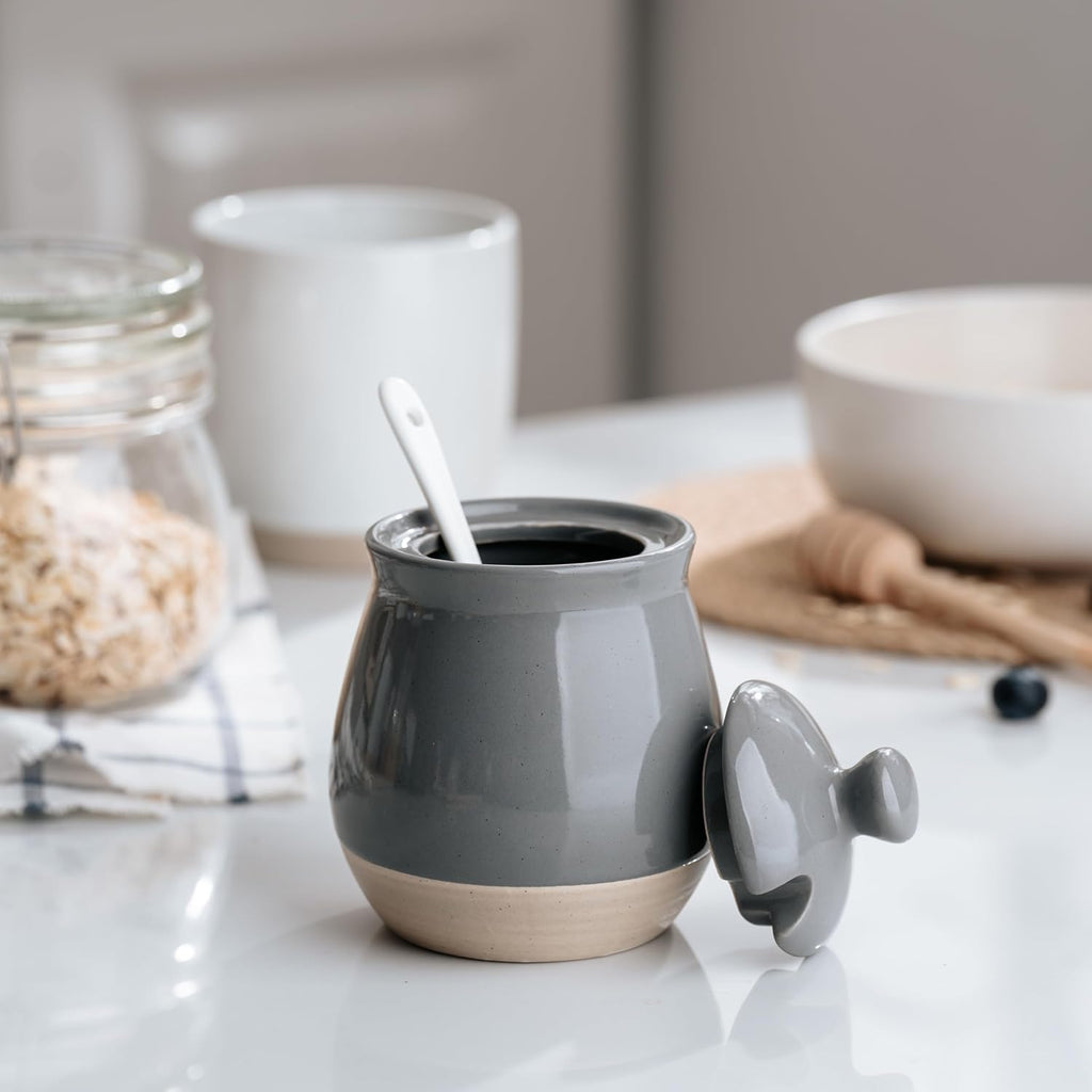 famiware Milkyway Sugar Bowl with Lid and Spoon, 10oz Ceramic Sugar Jar/Pot/Dispenser for Salt, Condiments, Spice, Seasonings, Sugar Container for Coffee Bar, Home, Kitchen, and Countertop, Dark Gray