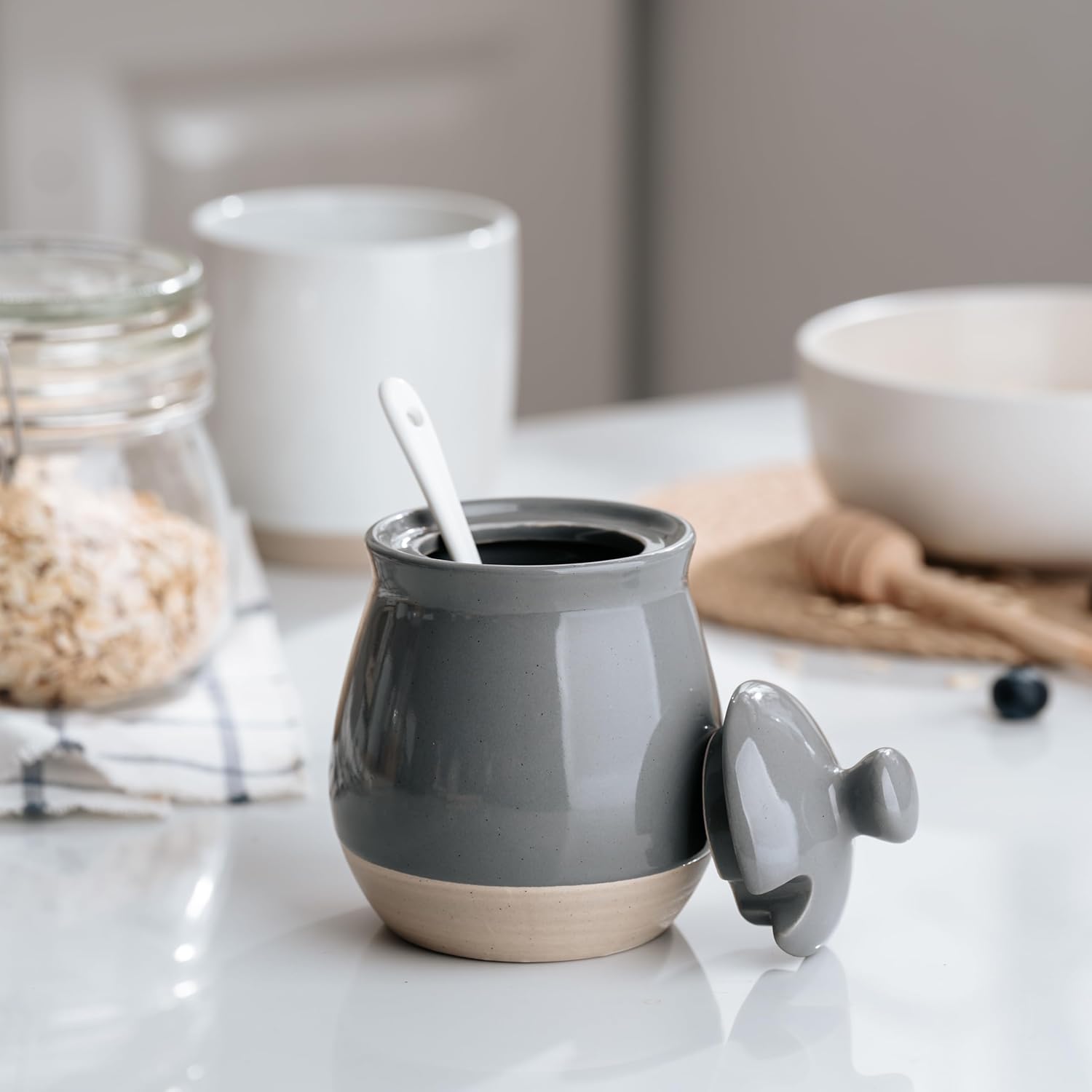 famiware Milkyway Sugar Bowl with Lid and Spoon, 10oz Ceramic Sugar Jar/Pot/Dispenser for Salt, Condiments, Spice, Seasonings, Sugar Container for Coffee Bar, Home, Kitchen, and Countertop, Dark Gray