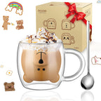 ecooe Cute Bear Mug Glass Coffee Cup 9.4oz Double Walled Glass Mug Cappuccino Latte Glass Cup with Handle Spoon, Milk Tea Bear Cup Birthday Christmas Valentine's Day Gifts for Women Kids Girls Friends
