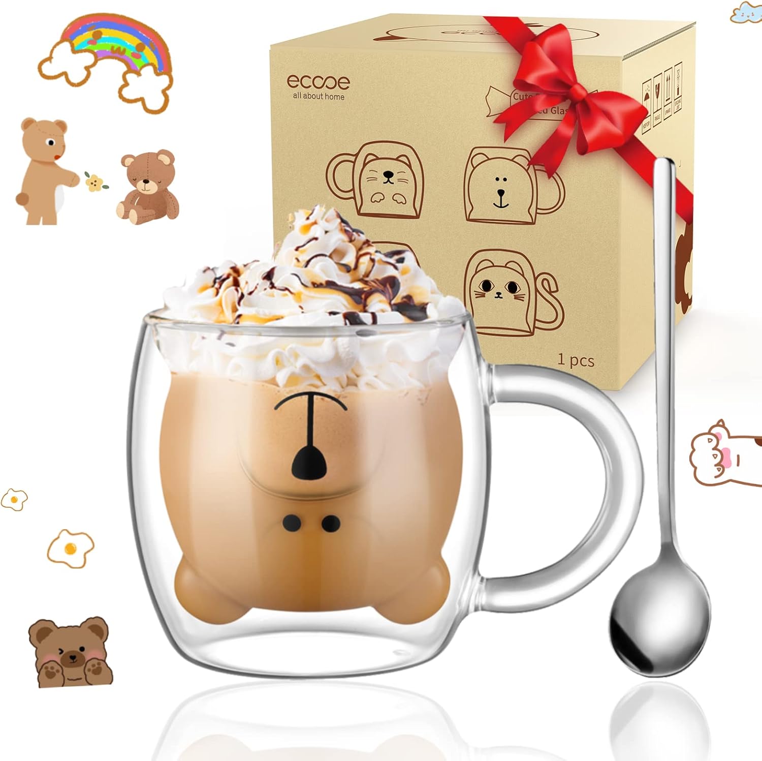 ecooe Cute Bear Mug Glass Coffee Cup 9.4oz Double Walled Glass Mug Cappuccino Latte Glass Cup with Handle Spoon, Milk Tea Bear Cup Birthday Christmas Valentine's Day Gifts for Women Kids Girls Friends