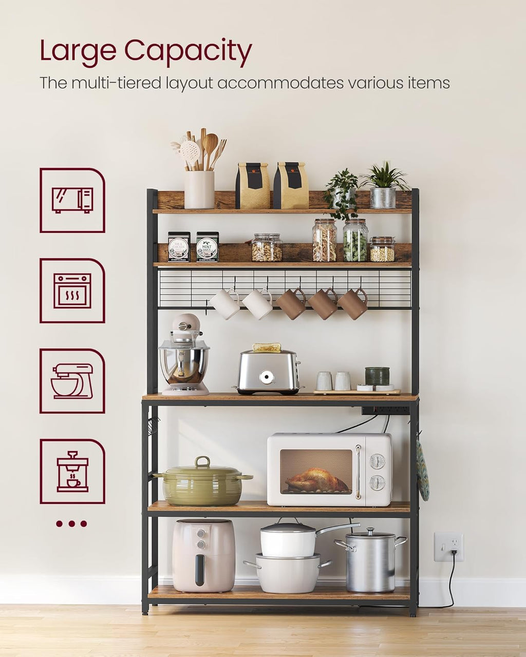 VASAGLE Hutch Bakers Rack with Power Outlet, 14 Hooks Microwave Stand, Adjustable Coffee Bar with Metal Wire Panel, Kitchen Storage Shelf, 15.7 x 39.4 x 66.9 Inches, Rustic Brown and Black UKKS038B01