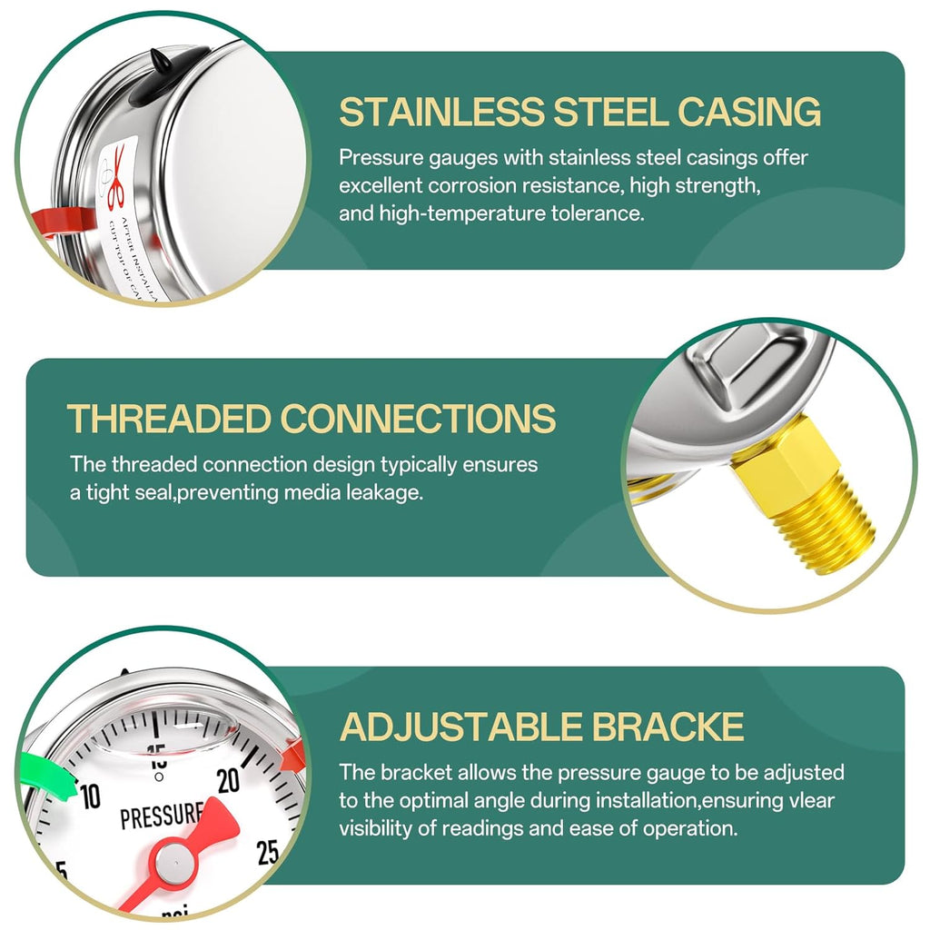 0-30psi Stainless Steel Glycerin Liquid Filled Pressure Gauge1/8 NPT 1.5" Dial, Lower Mount for Pressure Testing of Water, Oil and Air (with Range Mark Pointer)