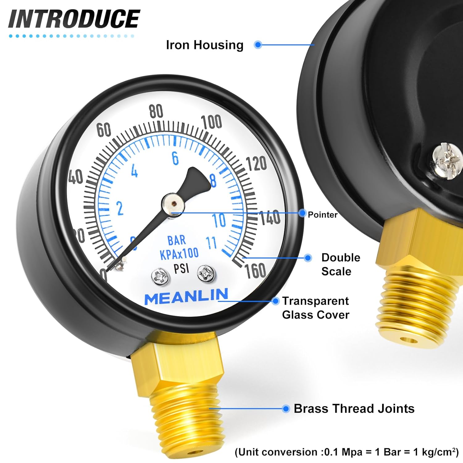 MEANLIN MEASURE 0-160Psi Well Pump Pressure Gauge 1/4" NPT 2" FACE DIAL for Air Compressor RV Regulator Water Pressure Tester Lower Mount, with Teflon Tape