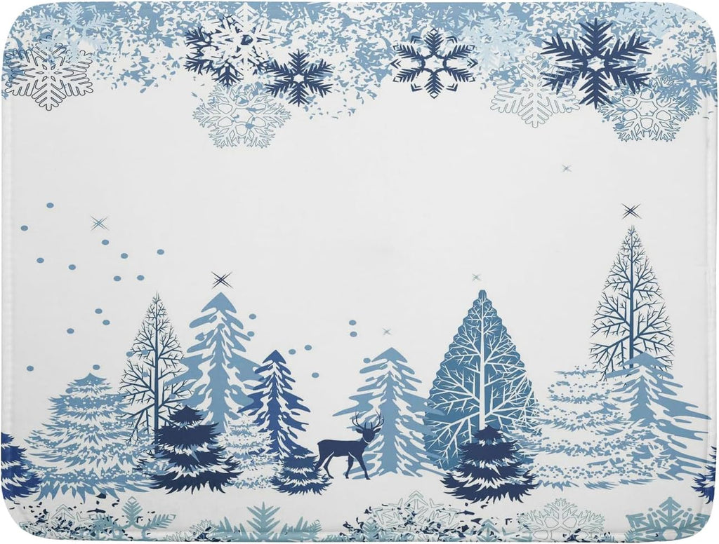Winter Blue Snowflake Dish Drying Mat Christmas Tree Kitchen Counter Dish Drainer Mats Xmas Forest Deer Moose Dish Dry Pad Bottles Protector for Kitchen Countertop Coffee Bar, 18x24 inch Large