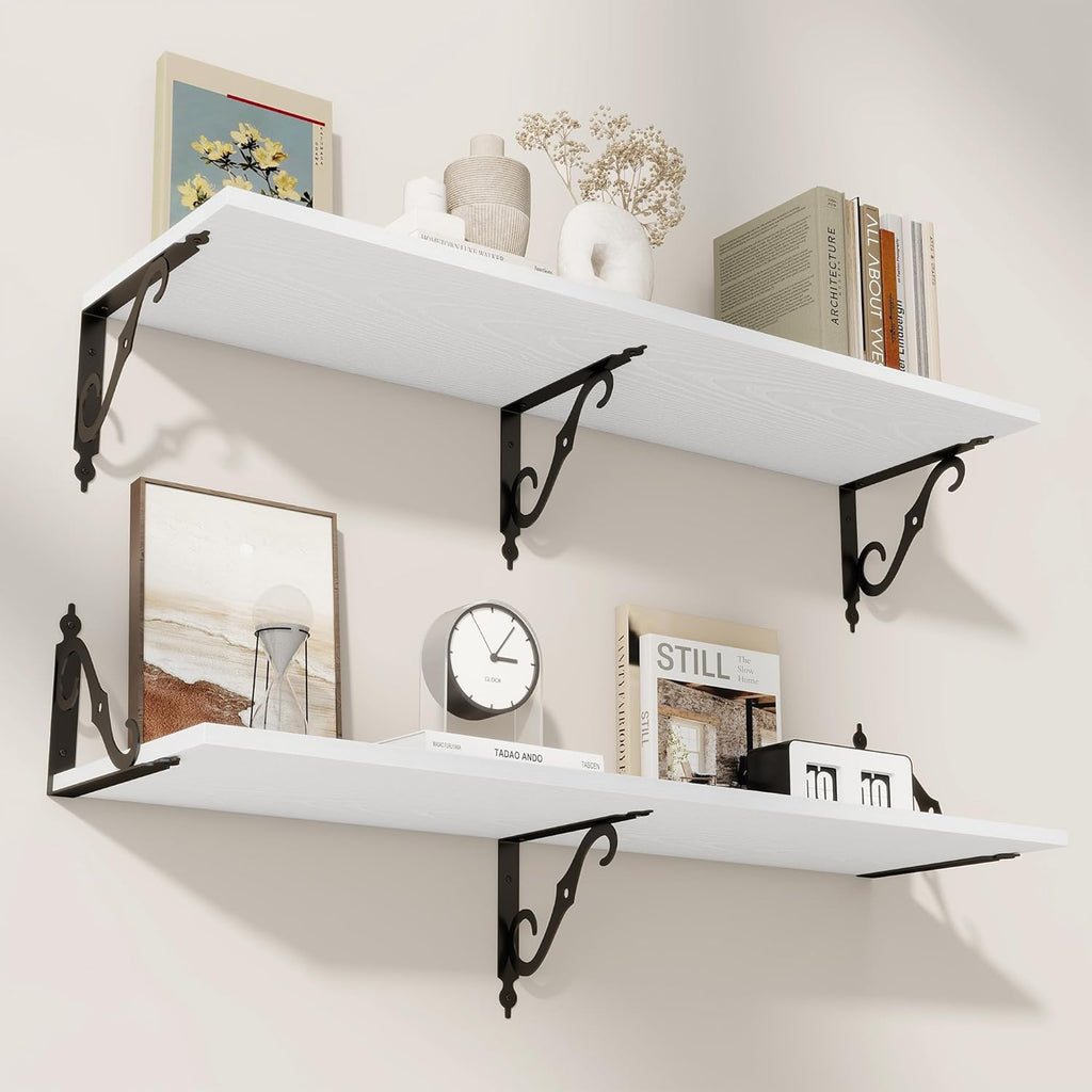 RICHFOCUS 12 Inch Deep Floating Shelves for Wall, 39" W x 12" D Wood Wall Shelves Set of 2, Wide Floating Shelves for Living Room, Bedroom, Kitchen, Bathroom and Decor Storage, White