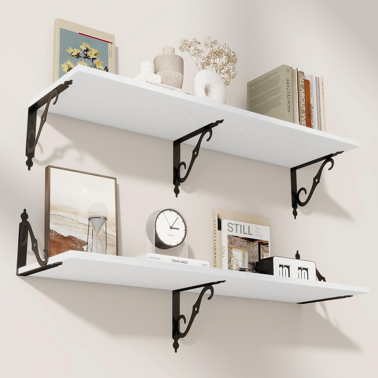 RICHFOCUS 12 Inch Deep Floating Shelves for Wall, 39" W x 12" D Wood Wall Shelves Set of 2, Wide Floating Shelves for Living Room, Bedroom, Kitchen, Bathroom and Decor Storage, White