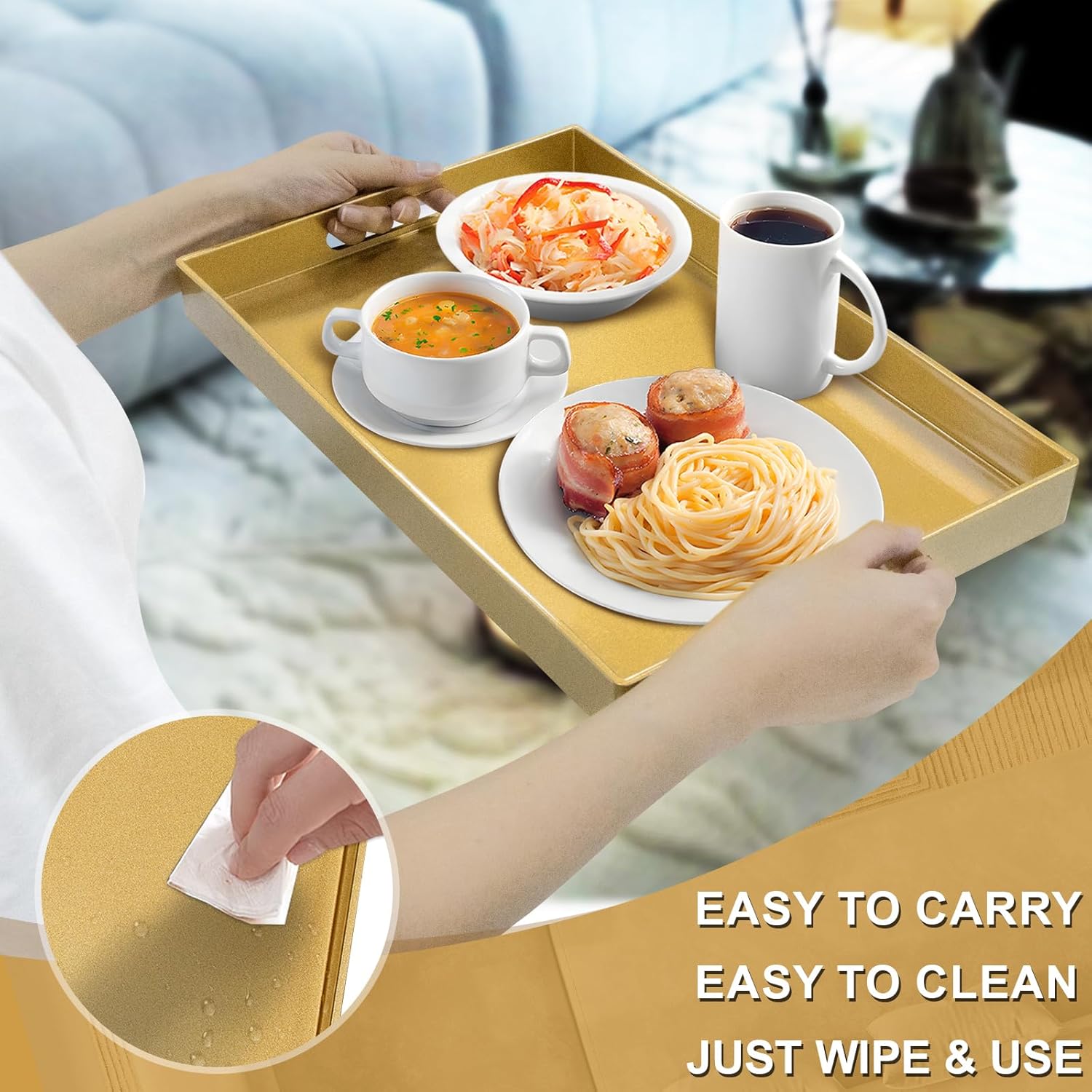 MAONAME Gold Decorative Tray for Coffee Table, Modern Serving Tray with Handles, Plastic Ottoman Trays for Living Room, Bathroom Decor, 15.8" L x 10.2" W x 1.4" H