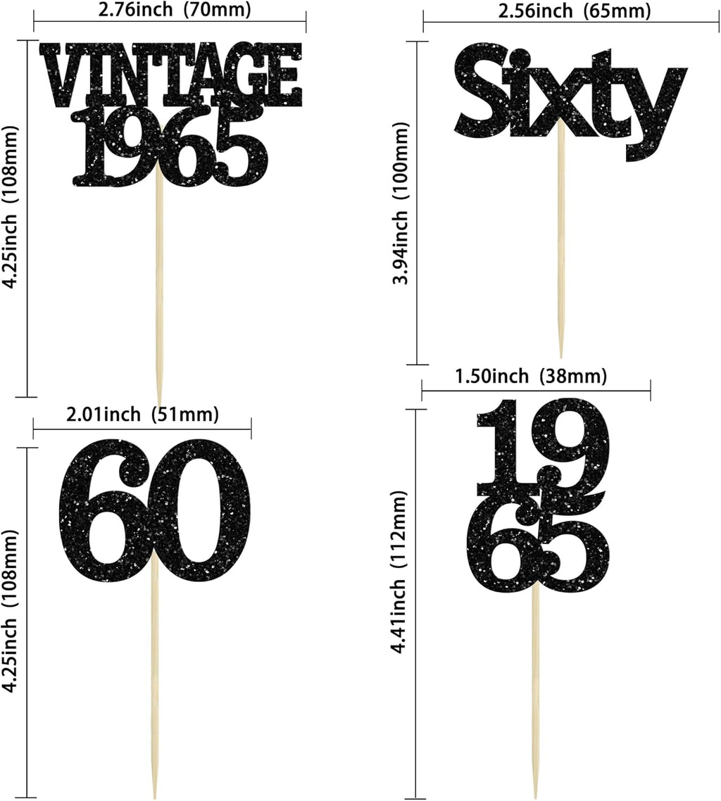 Gyufise 24Pcs Vintage 1965 Cupcake Toppers Cheers to 60 Fabulous Sixty Cupcake Picks Decorations for 60th Birthday Wedding Anniversary Party Cake Decorations Supplies Black