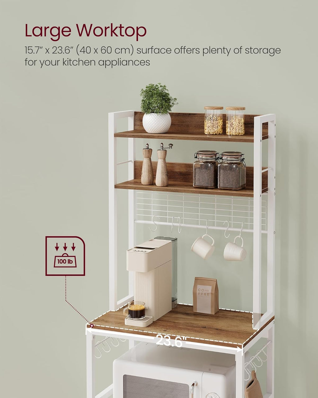 VASAGLE Hutch Bakers Rack with Power Outlet, 14 Hooks Microwave Stand, Adjustable Coffee Bar with Metal Wire Panel, Kitchen Storage Shelf, 15.7 x 23.6 x 66.9 Inches, Rustic Walnut and White UKKS037W41