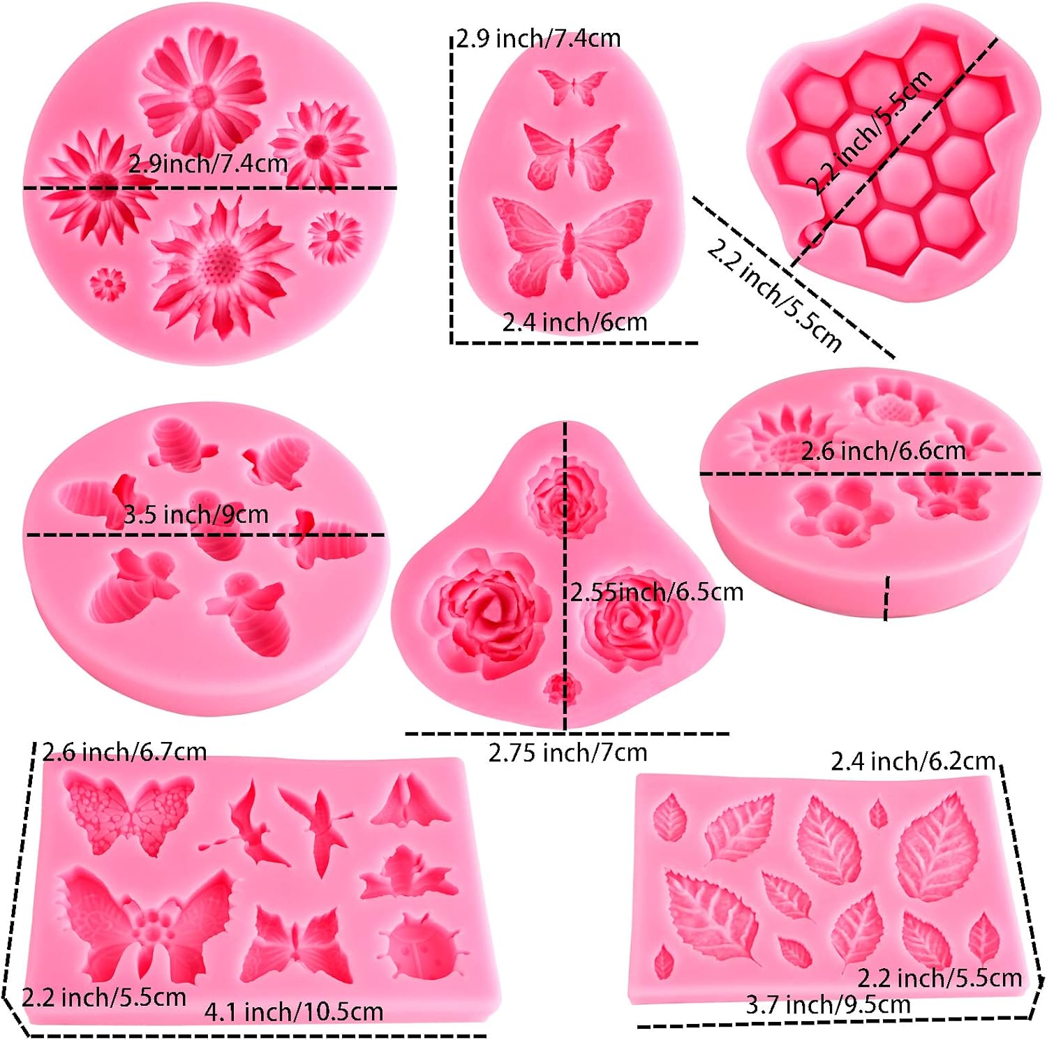 Silicone Mold Flower 8pcs Chocolate Fondant Polymer Clay Candy Gummy Mold,Rose Leaf Butterfly Bee Honey Shaped Silicone Molds for DIY Cake Cupcake Decor Craft