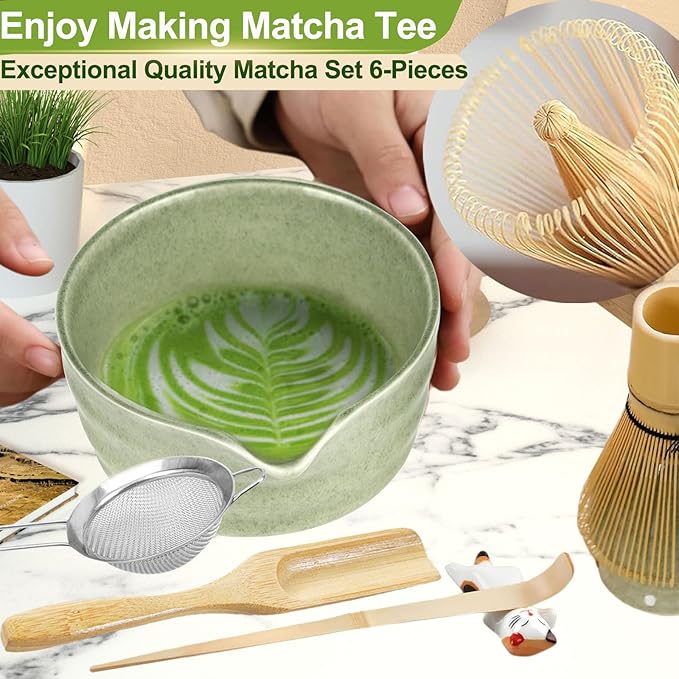 7 Pcs Matcha Whisk Set with Ceramic Bowl, Whisk, Holder, Bamboo Scoop, Sifter, Spoon and Holder, Matcha Kit for Matcha Lover (Matcha Green)