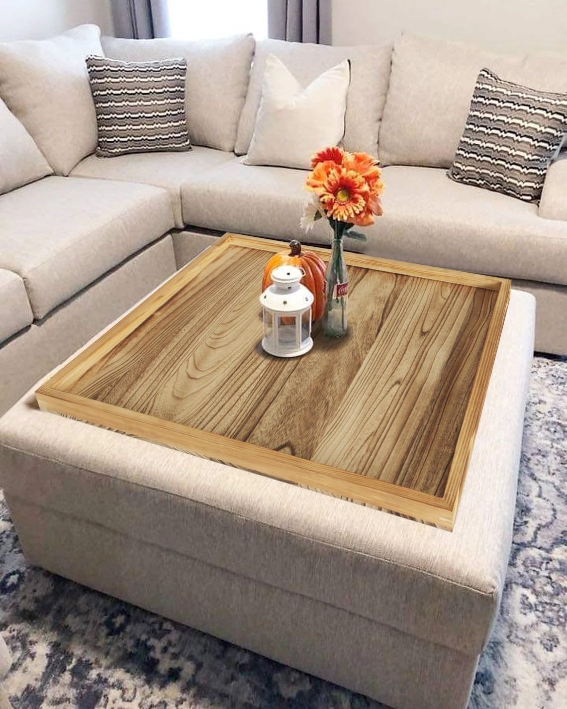 Square Ottoman Table Tray 24" - Rustic Wooden Serving Tray for Farmhouse Decorative Oversized Coffee Table Trays Living Room Kitchen Counter Breakfast Nature