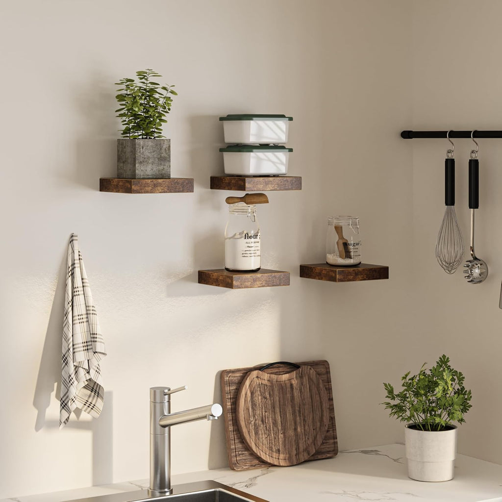 Square Floating Shelves for Wall, 8"W x 8"D x 1.2"H, Small Wooden Wall Mounted Display Shelves with Invisible Brackets for Living Room, Bedroom, Bathroom, Kitchen Decor, Set of 4, Rustic Brown