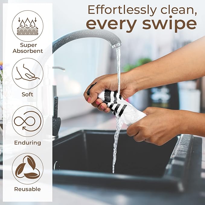 Urban Villa Dish Cloths 100% Cotton Pack of 8, Highly Absorbent Quick Drying Super Soft Premium Dish Towels for Kitchen with Hanging Loop Hand & Tea Towels - 12x12 Inch, (Black & White, Striped)