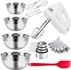 5-Speed Electric Hand Mixer, 4 Large Mixing Bowls Set, Handheld Mixers with Whisks Beater, Stainless Steel Metal Nesting Bowl Measuring Cups Spoons Kitchen Cake Blender for Baking Supplies