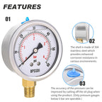 0-60 Psi Glycerin Liquid Filled Low Pressure Gauge, 2.5" Dial Size, 1/4" NPT Lower Mount, 304 Stainless Steel Case, for Water Oil Air Pressure Test, Refrigeration Systems(Such as Evaporators)