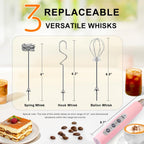 YUSWKO Pink Milk Frother Handheld with 3 Heads, Coffee Whisk Drink Foam Mixer with USB Rechargeable 3 Speeds, Electric Hand Frother for Latte, Cappuccino, Hot Chocolate, Egg