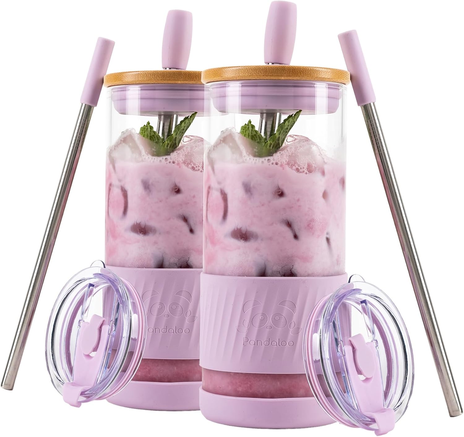Pandaloo® Glass Cups With Lids and Straws -20 Fl Oz- Perfect Size Iced Coffee Cup - Smoothie Cup With Bamboo Lid and On the go Lid - Glass Tumbler (2 Count (Pack of 1), Lilac Rhapsody-Lilac Rhapsody)