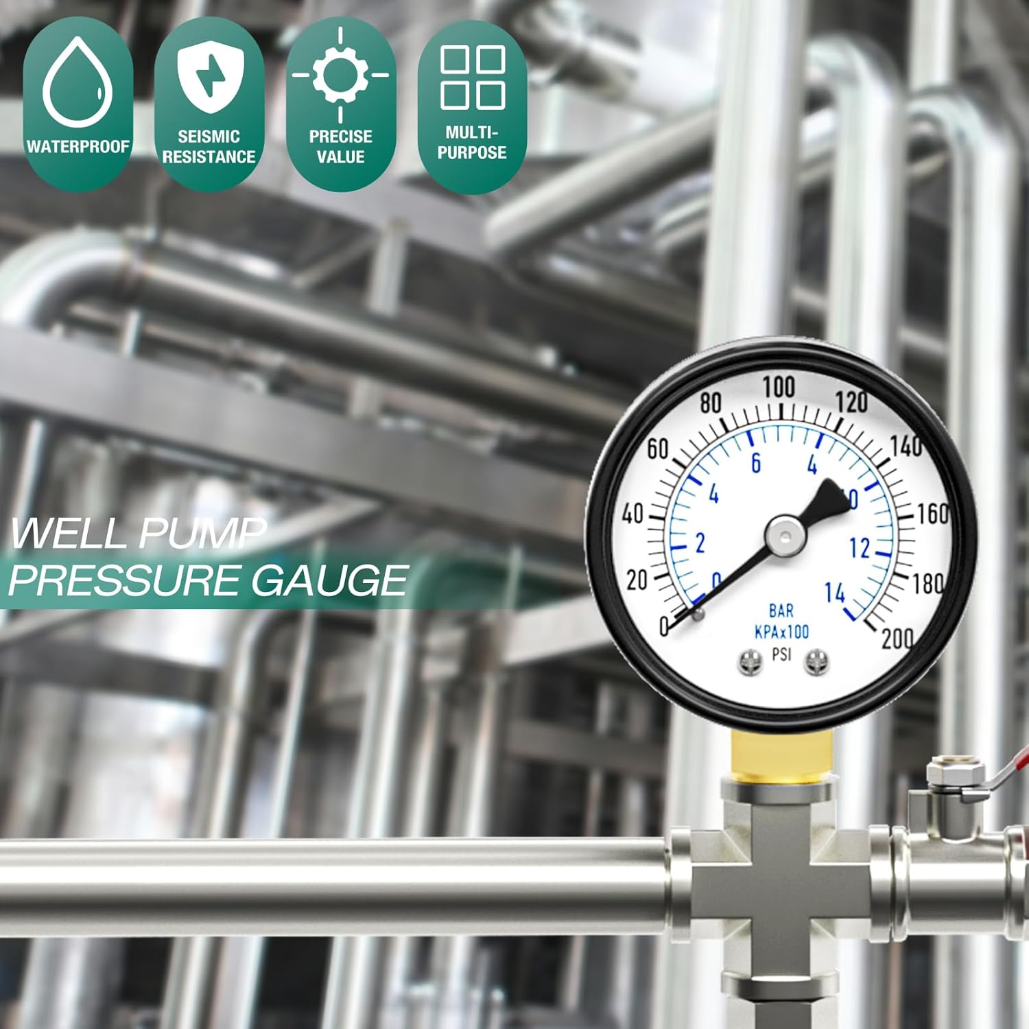 0-200psi Well Pump Pressure Gauge 1/4" NPT 2" Face Dial Size Lower Mount, Multifunctional Practical Dry Pressure Gauge, for Water, Oil and Air Compressor