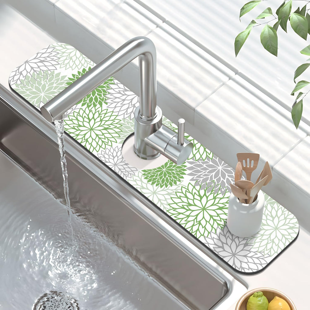 Findosom 2PCS 12" x 20" Dish Drying Mat & 24" x 5.5" Sink Splash Guard, Super Absorbent & Cuttable Dish Mat Drying Kitchen Mat with Green Floral, Hide Stain Drying Mat for Kitchen Counter