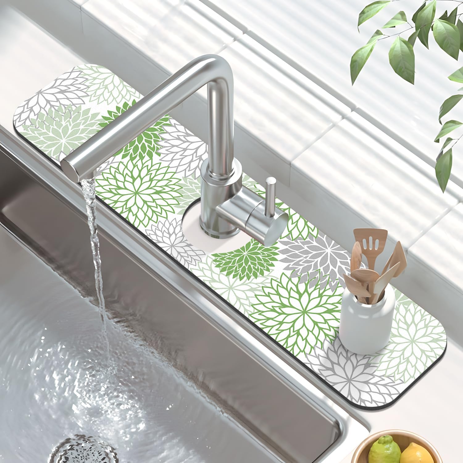 Findosom 2PCS 17" x 32" Dish Drying Mat & 24" x 5.5" Sink Splash Guard, Super Absorbent & Cuttable Dish Mat Drying Kitchen Mat with Green Floral, Hide Stain Drying Mat for Kitchen Counter