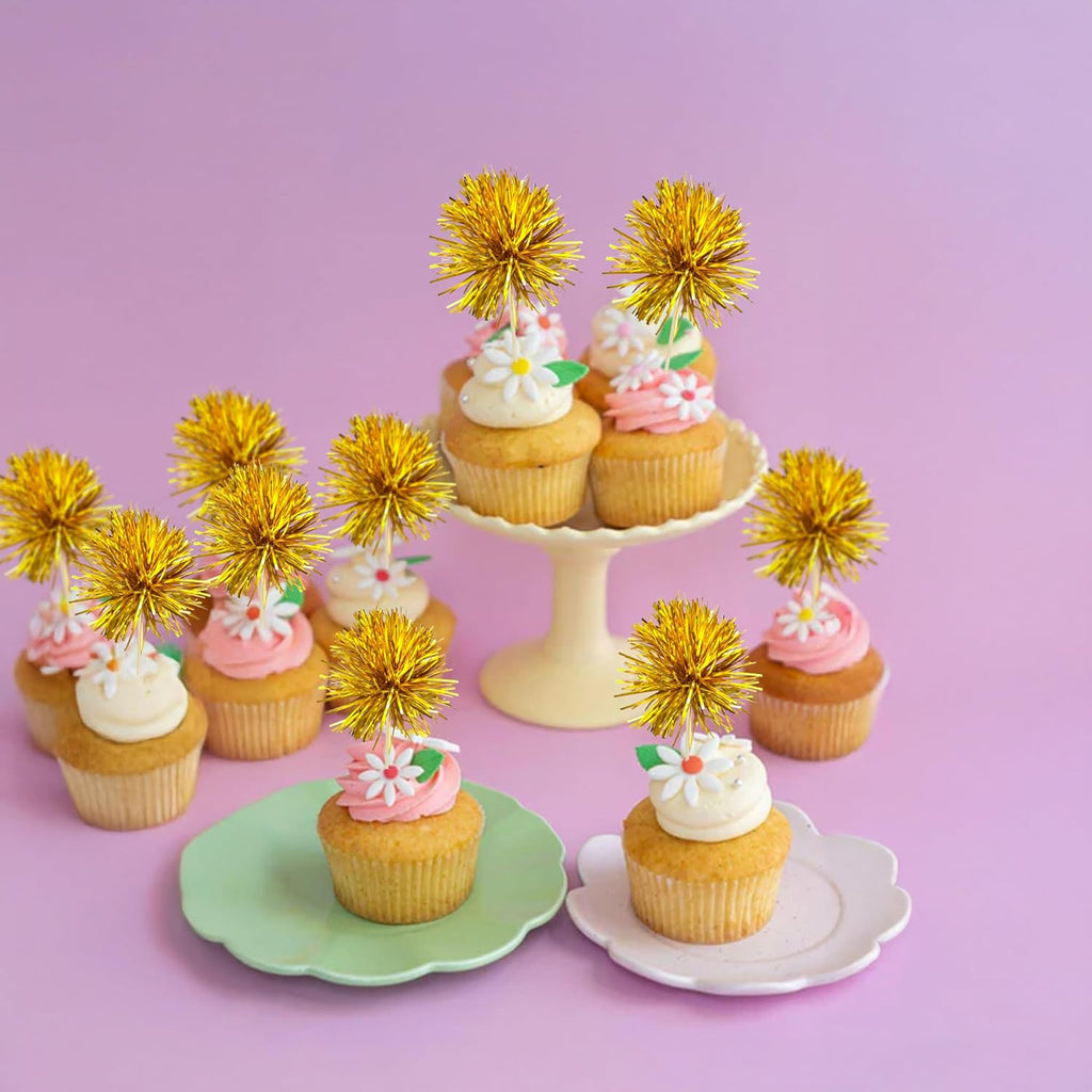 Gyufise 30Pcs Foil Firework Cupcake Toppers Sparkle Tinsel Cake Toppers Tinsel Drink Cake Decoration Cocktail Picks for Birthday Wedding Graduation Party Supplies Dark Gold