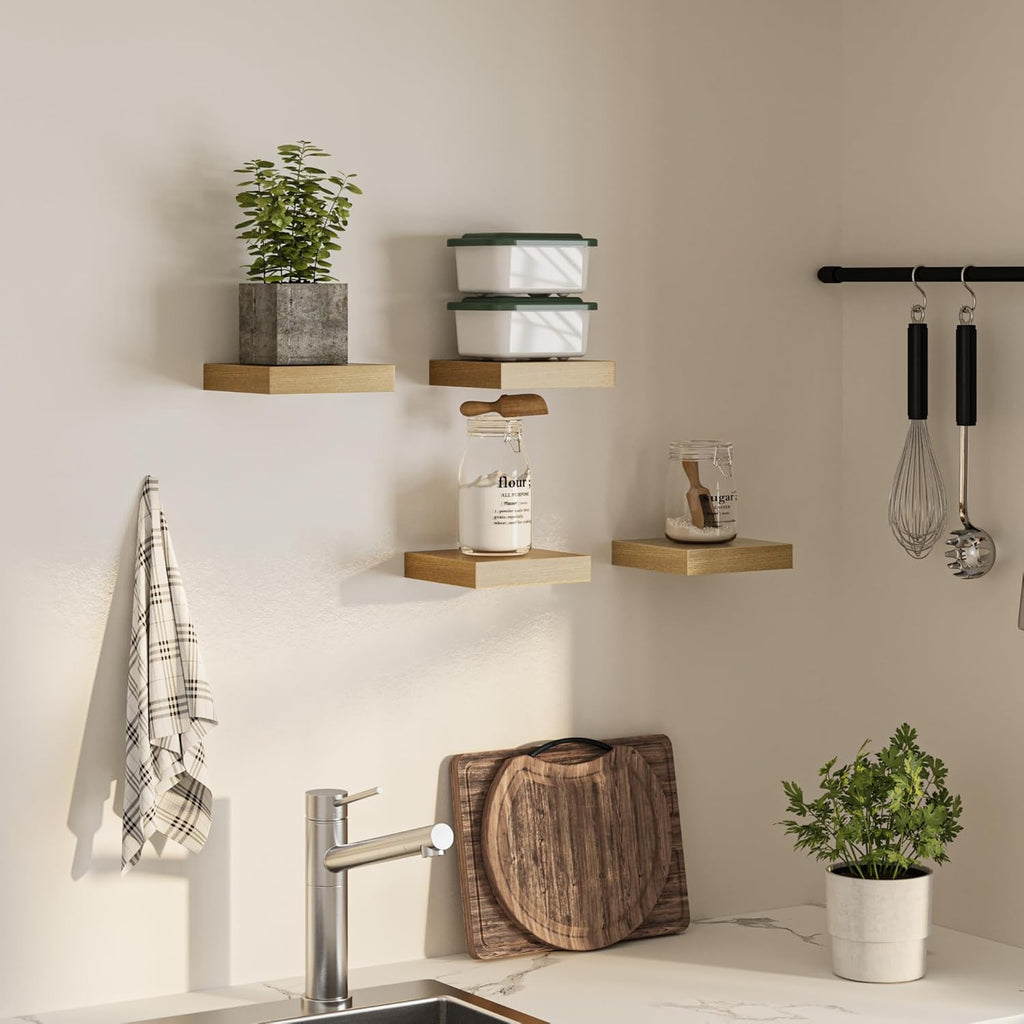 Square Floating Shelves for Wall, 8" W x 8" D x 1.2" H, Small Wooden Wall Mounted Display Shelves with Invisible Brackets for Living Room, Bedroom, Bathroom, Kitchen Decor, Set of 4, Oak