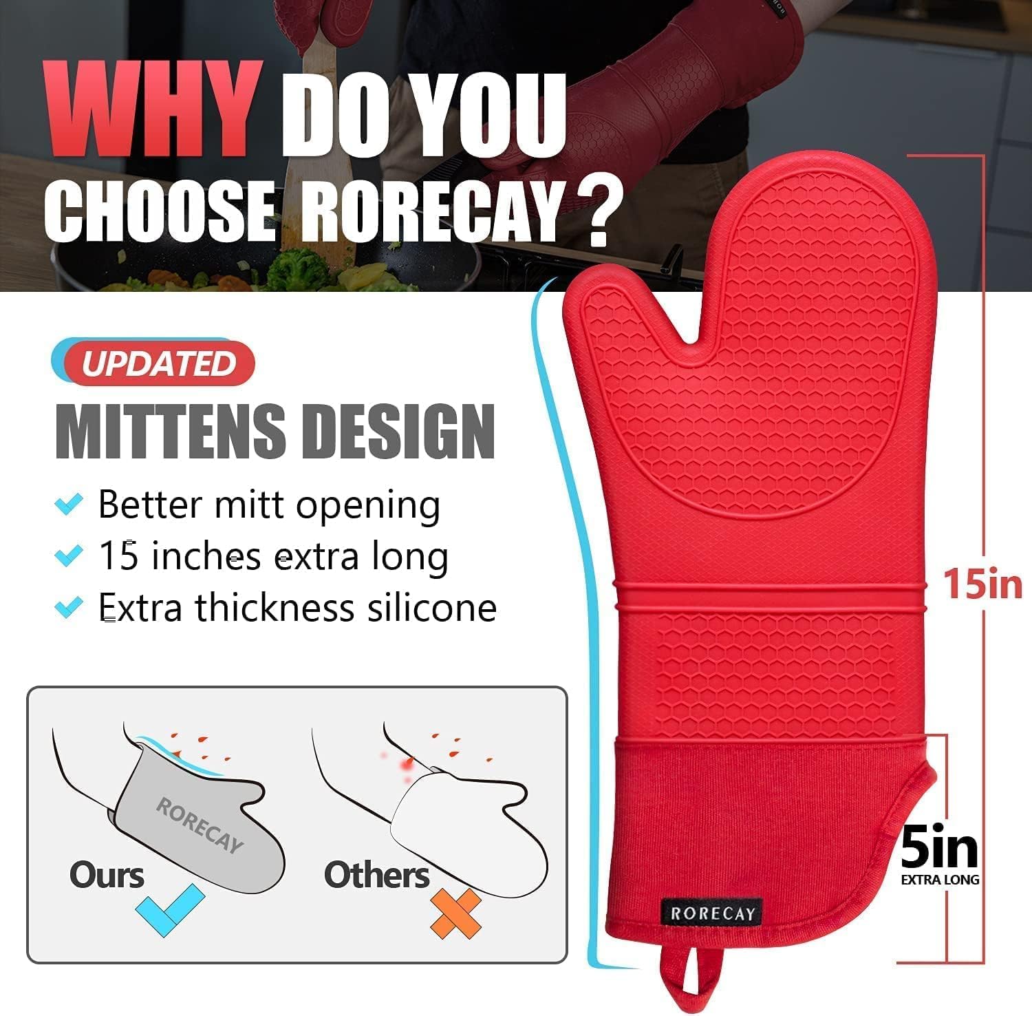 Rorecay 6pcs Oven Mitts and Pot Holders Sets for Kitchen, Extra Long Silicone Oven Gloves Heat Resistant 500 Degrees Non-Slip Potholders Hot Pads for Baking Cooking, Quilted Liner, Red