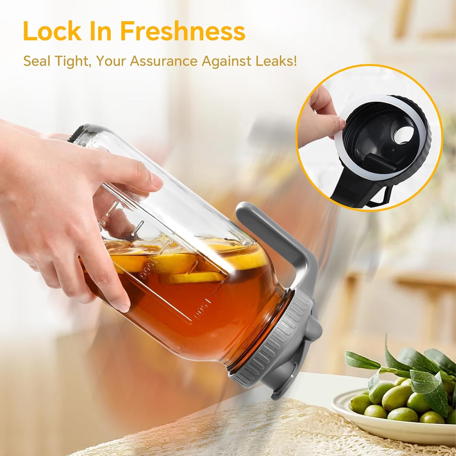 Mason Jar Pitcher, 64 OZ 2 Pack Glass Pitcher with Lid Double Leak-proof with Handle Water Jug Wide Mouth Breast Milk Pitcher Fridge Container for Water, Juice, Iced Coffee, Tea, Juice - Black+Grey