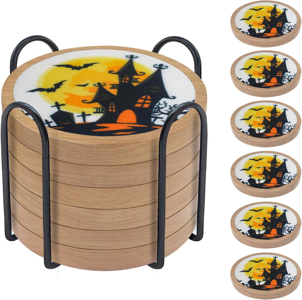 Halloween Coasters Set of 6, Unique Coaster, Minacun Absorbent Coasters with Holder Halloween Thanksgiving Themed Party Decoration 4.3 Inch