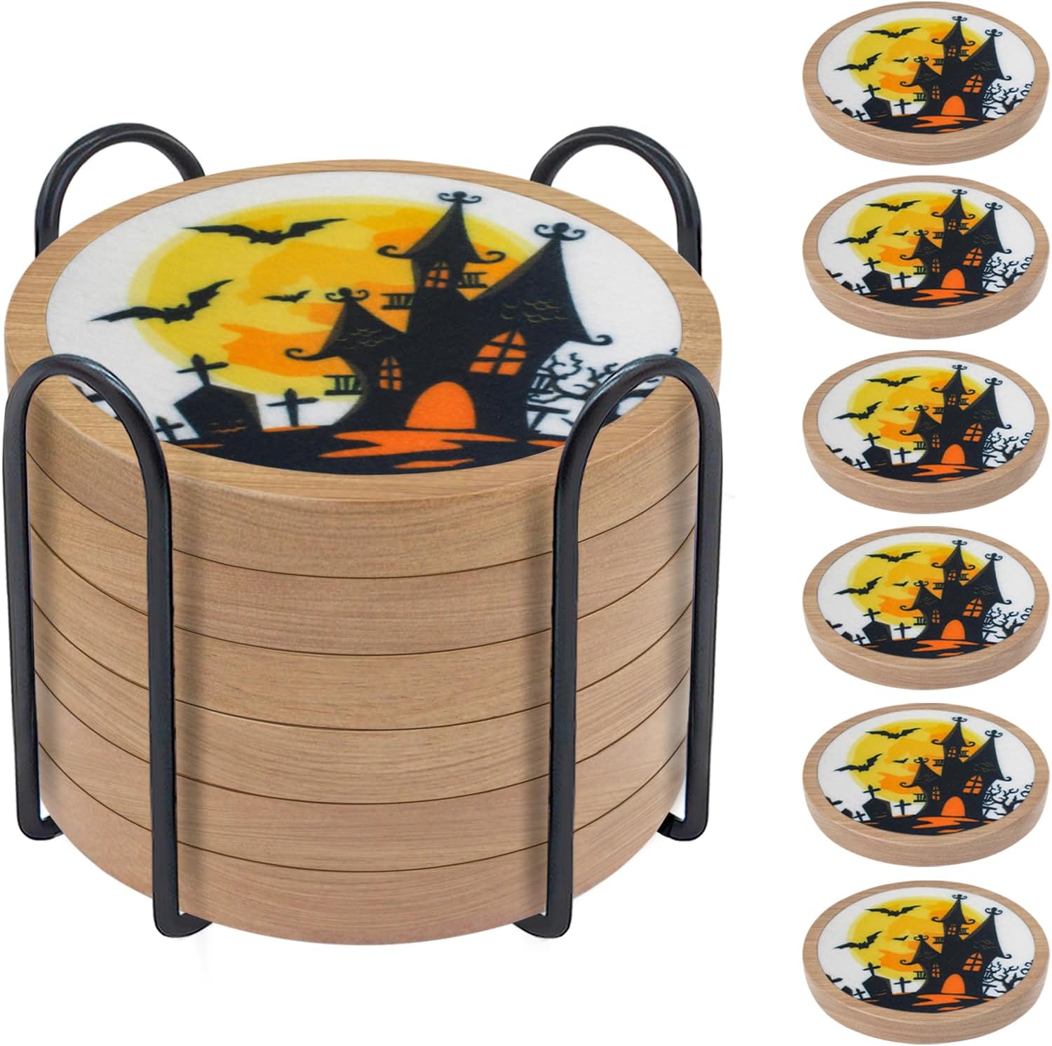 Halloween Coasters Set of 6, Unique Coaster, Minacun Absorbent Coasters with Holder Halloween Thanksgiving Themed Party Decoration 4.3 Inch