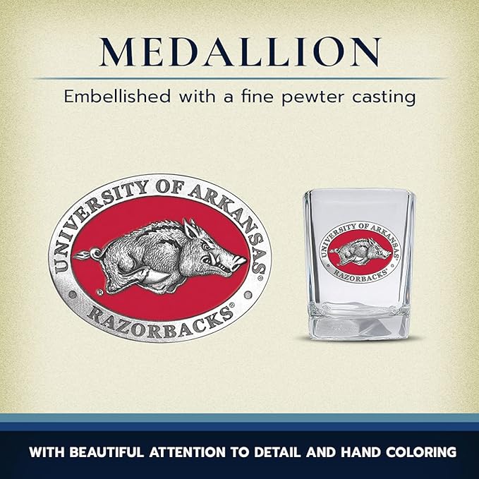 Heritage Pewter University of Arkansas Square Shot Glass | Hand-Sculpted 1.5 Ounce Shot Glass | Intricately Crafted Metal Pewter Alma Mater Inlay