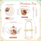Zhehao 20 Pcs Porcelain Tea Set with Metal Holder and Spoon Adult Ceramic Tea Party Set European Flower Painting Teapot Cup Saucer Spoon for Women, Large Version (Styleish Style)