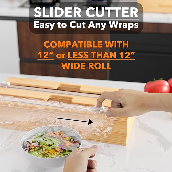 SpaceAid WrapNeat 2 in 1 Wrap Organizer with Cutter and Labels, Plastic Wrap, Aluminum Foil and Wax Bamboo Dispenser for Kitchen Storage Organization Holder for 12" Roll (Natural, 2-Slot)