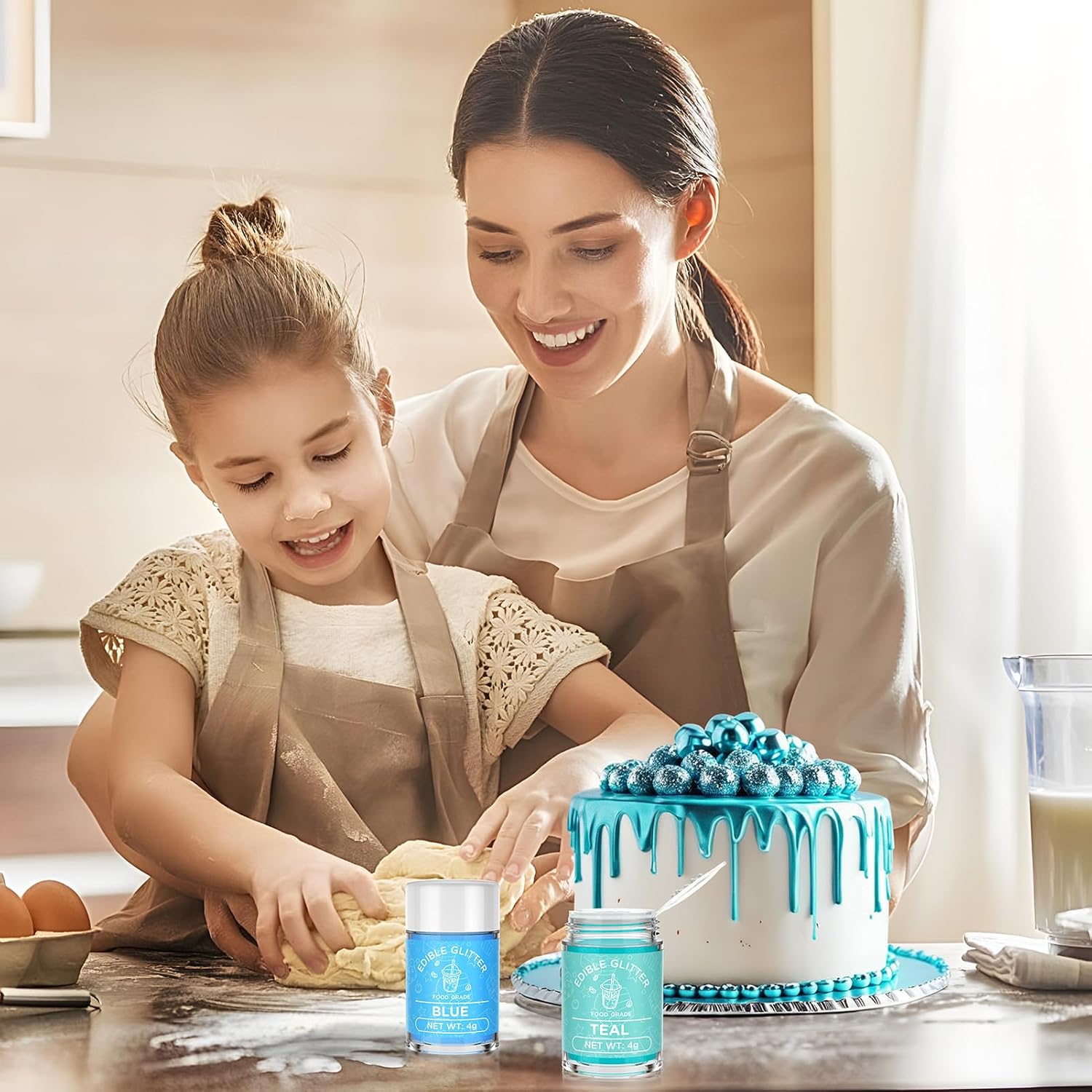 Cherrysea Edible Glitter for Drinks Cocktails Food Grade Edible Drink Shimmer Powder for DIY Champagne Beverages Wine 2 Colors Vegan Edible Luster Dust Set 4g/Bottle Gluten Free - Teal+Blue