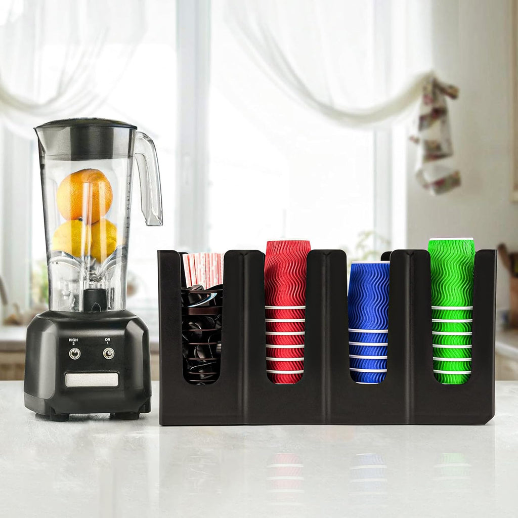 Coffee Cup and Lid Holder Organizer,Adjustable Dispenser with Coffee Pod and Straw Storage Basket, Disposable Cup Holder for Countertop