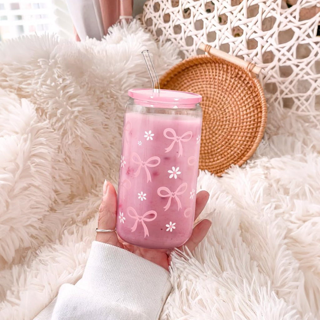 SANDJEST Bow Glass Can, Bows Cup with Lid & Straw, Iced Coffee Aesthetic Cups, Idea Gift for Christmas Birthday Mother Day, Gifts for Women, 16oz