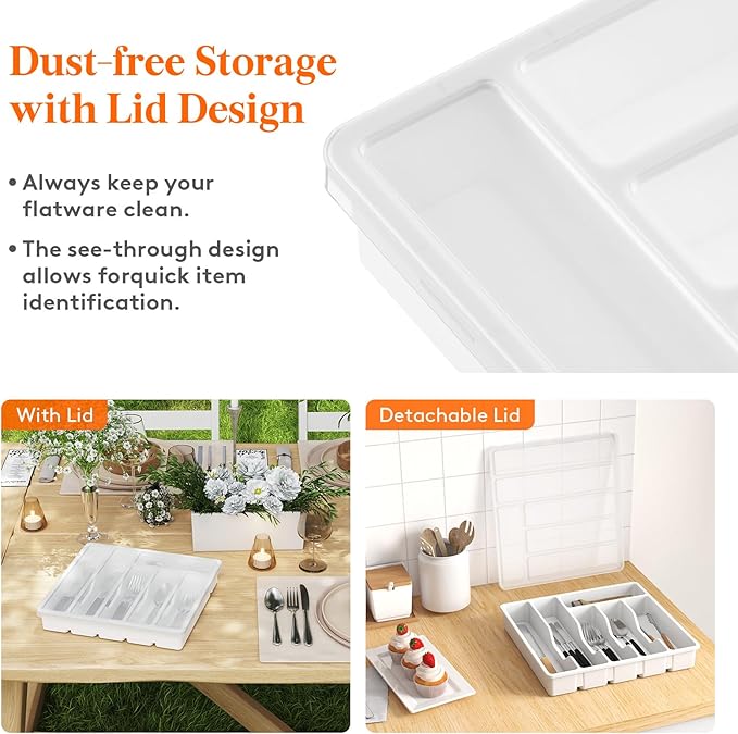 Lifewit Silverware Organizer with Lid, Covered Utensil Tray for Kitchen Drawer and Countertop, Plastic Cutlery and Flatware Storage Box for Spoons Forks Knives Holder Case, 6 Compartments, White