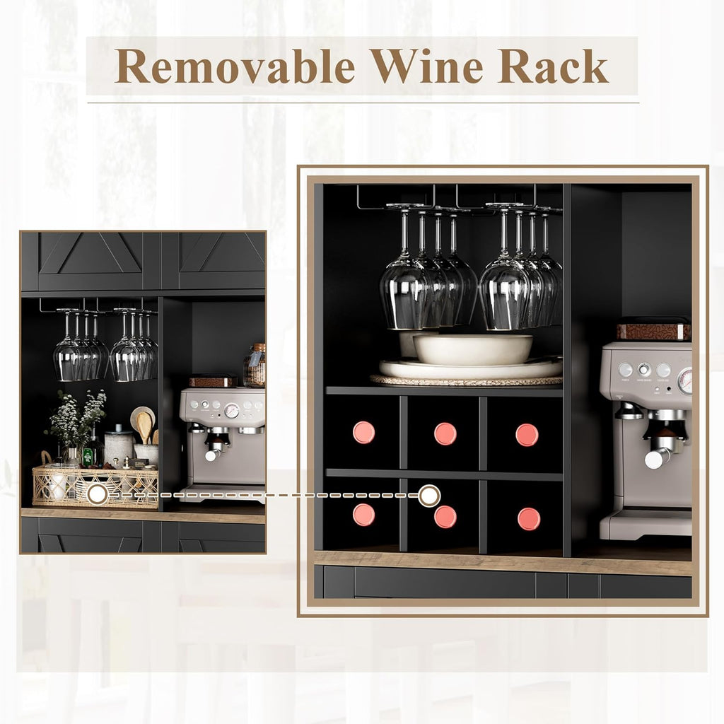 HOSTACK Kitchen Pantry Storage Cabinet, 71" Tall Food Pantry Cabinet with Microwave Stand, Farmhouse Kitchen Hutch, Coffee Bar Hutch with Wine Rack for Dining Room, Living Room, Black