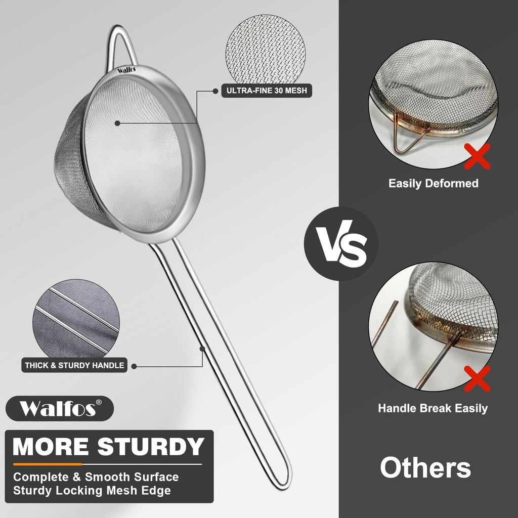 Walfos Small Fine Mesh Tea Strainer, Mini Stainless Steel Sieve with Handle, 2.8 Inch Kitchen Metal Sifter Strainers for Tea, Juicing, Coffee, Cocktail, Powdered Sugar, Matcha (2 Pack)