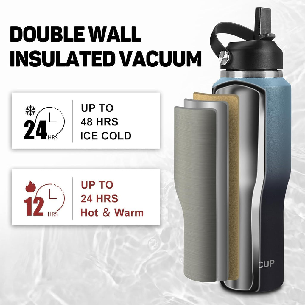 40oz Insulated Water Bottle Keep Cold 24h&Hot 12h, Double Wall Vacuum Insulated Water Bottles with Straw/Spout Lid, Stainless Steel Water Bottles that Fit in Any Car Cup Holder, Leak-proof