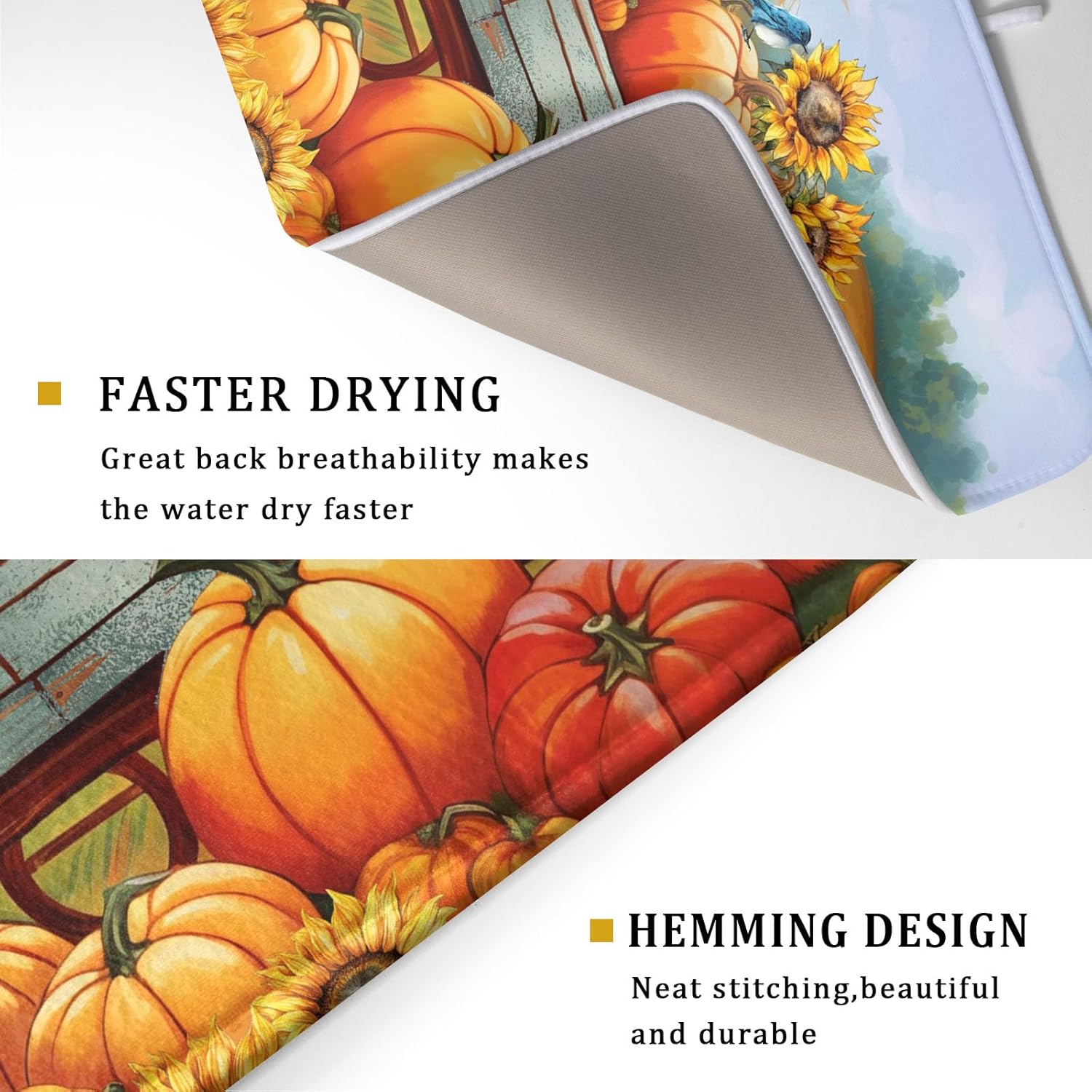 Thanksgiving Autumn Harvest Pumpkin Dish Drying Mat for Kitchen Counter,Sunflowers and Cart Drying Mat 18 x 24 Inch Microfiber Dish Drying Pad Ear of Rice Dish Rack Drainer Mat for Coffee Bar