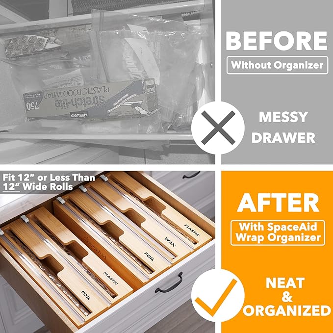 SpaceAid WrapNeat 2 in 1 Wrap Organizer with Cutter and Labels, Plastic Wrap, Aluminum Foil and Wax Bamboo Dispenser for Kitchen Storage Organization Holder for 12" Roll (Natural, 2-Slot)