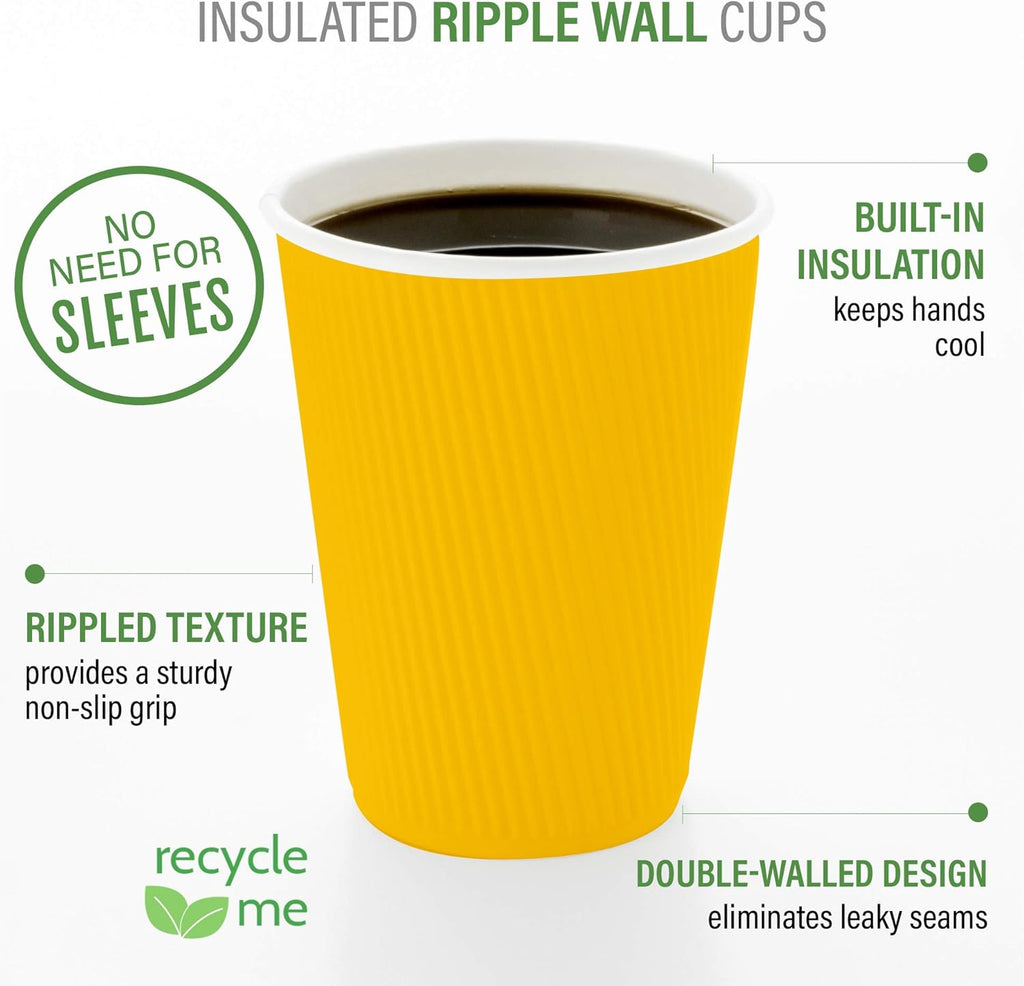 Restaurantware 4 Ounce Ripple Insulated Coffee Cups, 500 Double Wall Corrugated Tumblers, Leakproof, Non-Slip Yellow Paper Design, Recyclable, Ribbed Surface, Matching Lids Sold Separately